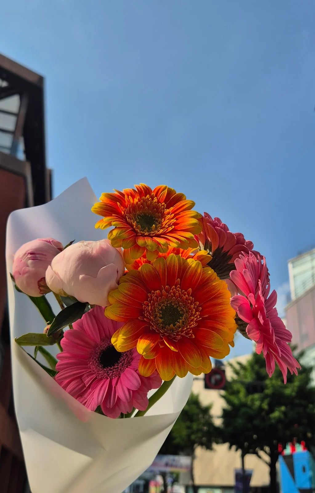 Bouquet of pink and orange flowers held against a blue sky