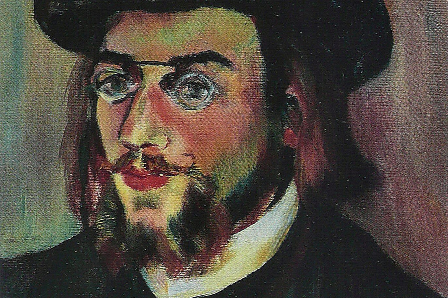 Portrait of Erik Satie wearing a black hat