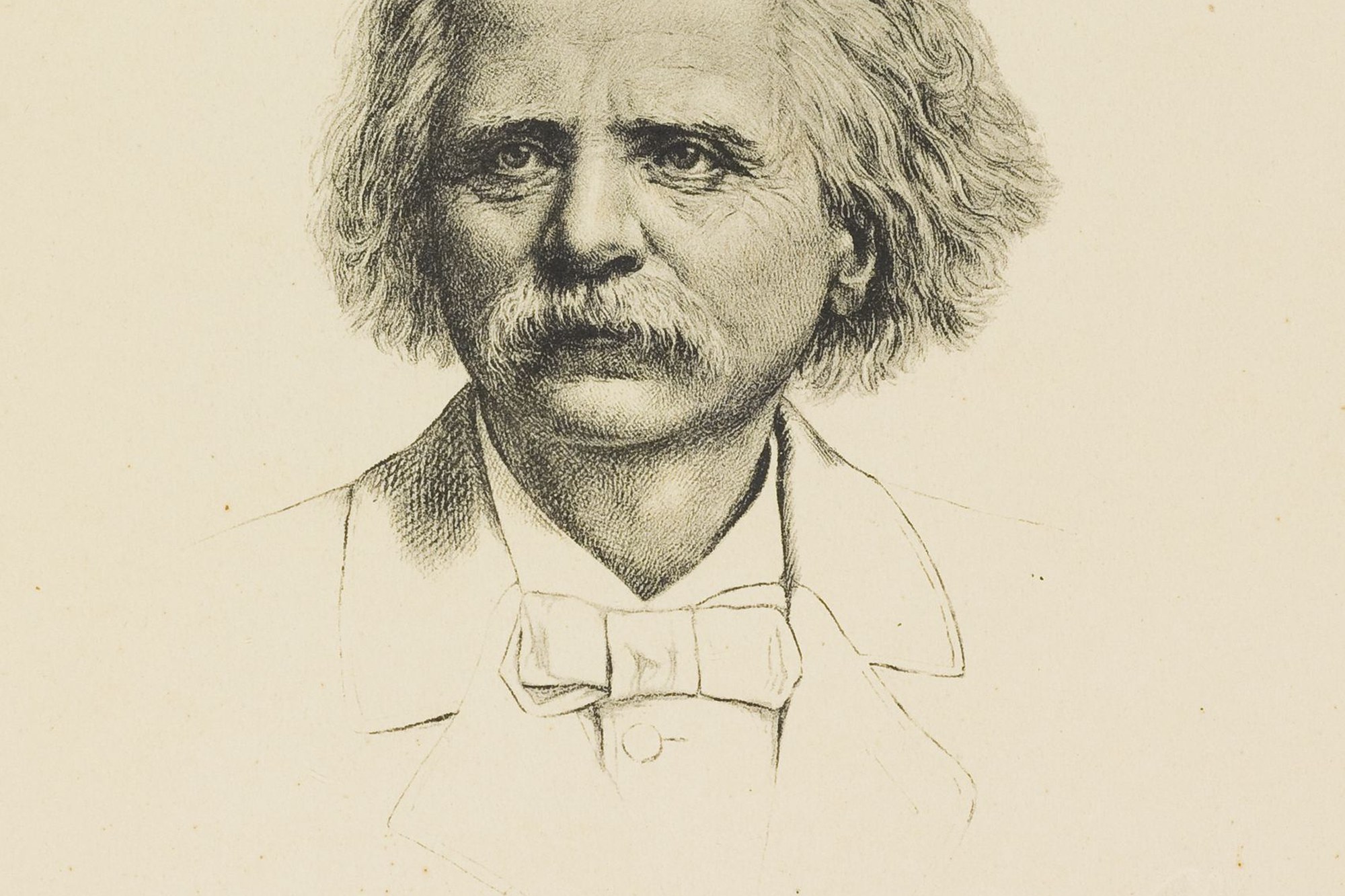 Black-and-white portrait drawing of Edvard Grieg
