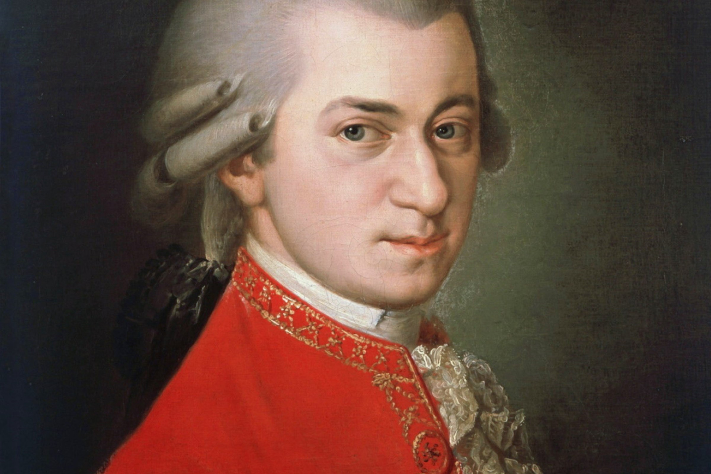 Portrait of Wolfgang Amadeus Mozart dressed in red