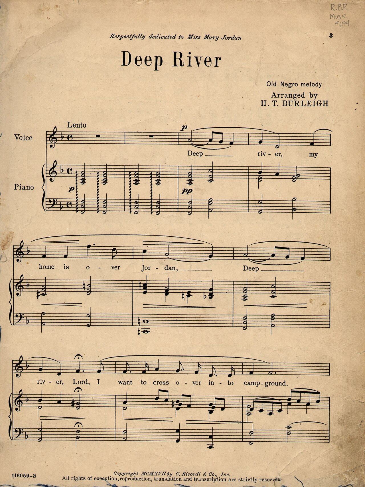 해리 벌리가 편곡한 Deep River의 1917년 악보 첫 페이지.
