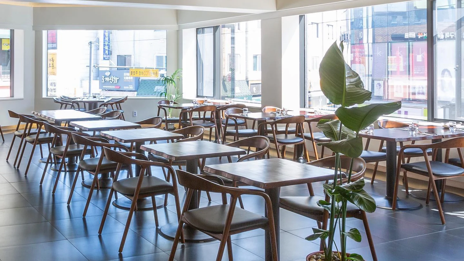The interior of Mahina Vegan Table with bright windows and wooden furniture
