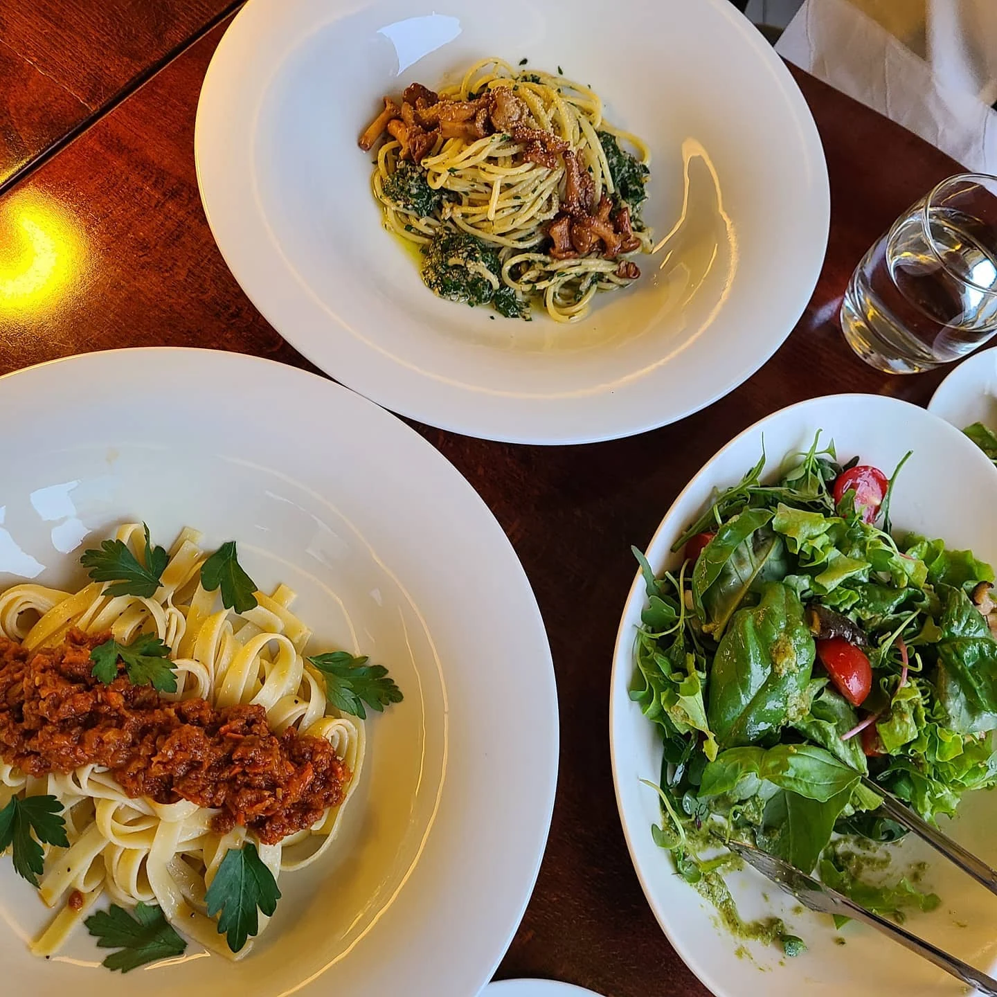 Vegan bolognese, chanterelle pasta and salad at Mahina Vegan Table