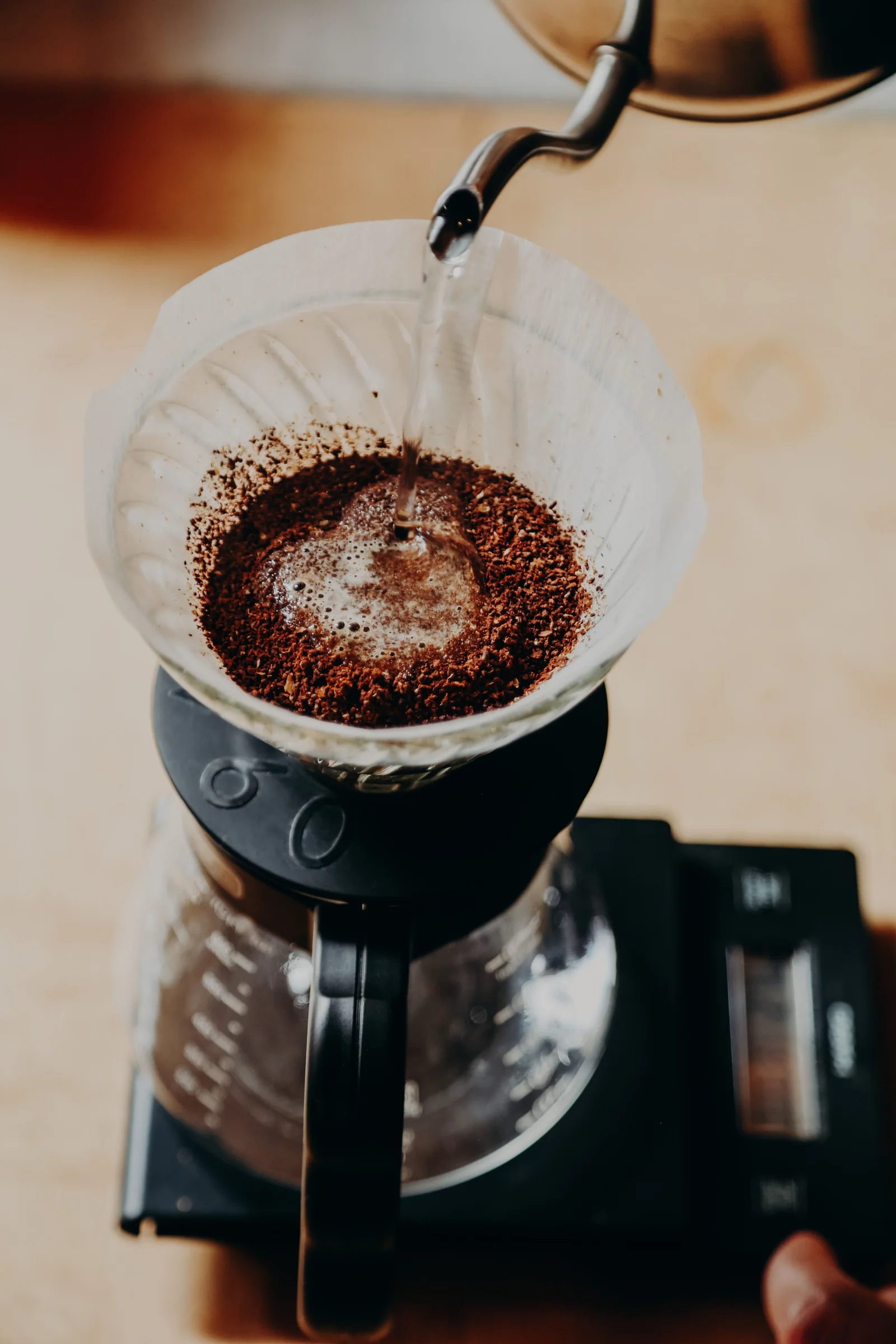 A coffee bed in a conical dripper being wetted with hot water